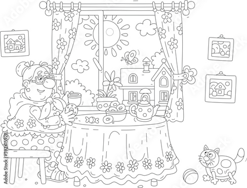 Funny granny and her chubby cat drinking hot tea with tasty freshly baked bagels at a kitchen table with a beautiful tablecloth by a window with a pretty summer landscape, vector cartoon illustration