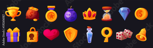 Ui game icons. Casino elements. Mobile or shield design. Bell and gift cup. Gold money. Stone key for lock. Gambling dice. Isolated heart and bomb. Vector recent cartoon pictograms set