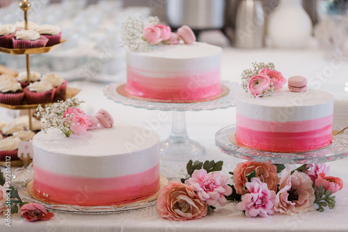pink cheese cakes with macaroons and flowers on buffet table