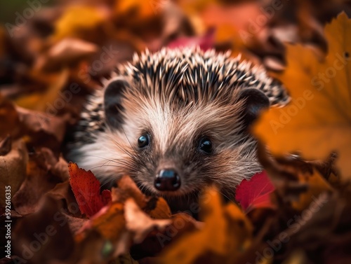 A curious hedgehog peeking out of a pile of autumn leaves
