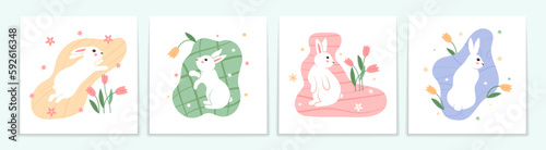 Doodle hare cards, white rabbit with spring flowers, cute bunny. Mascot for horoscope or astrology, vintage engraved posters, easter cards, adorable animal. Vector utter abstract prints