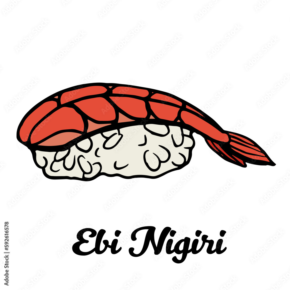 Ebi nigiri sushi with shrimp and rice wrapped in nori seaweed. Japanese outline vector hand drawn sushi rolls illustration isolated on white for sushi menu, restaurant, site. Ebi nigiri sushi with shrimp and rice wrapped in nori seaweed. Japanese outline vector hand drawn sushi rolls illustration isolated on white for sushi menu, restaurant, site.