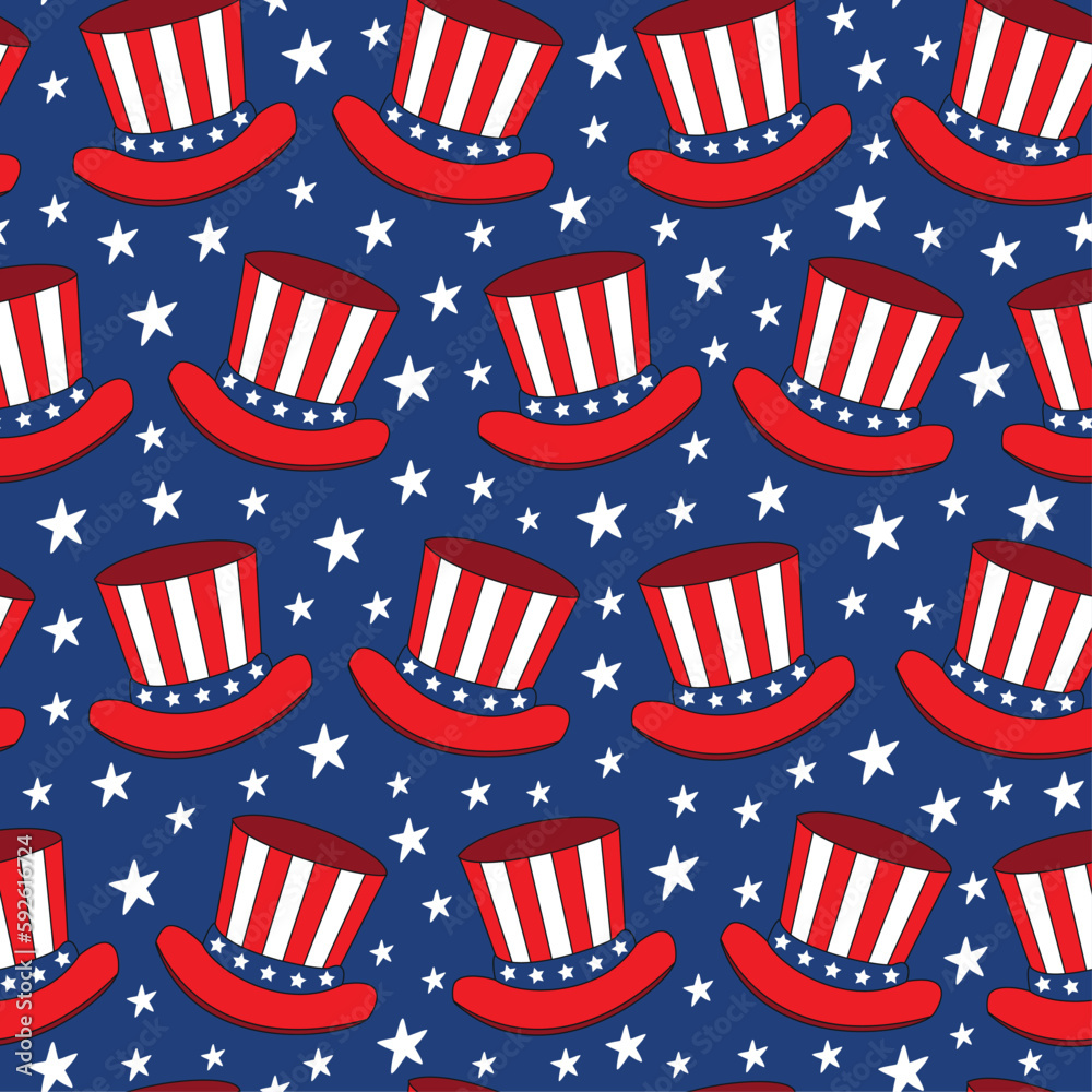 4th of July background, Uncle Sam hat and stars seamless pattern. Happy ...