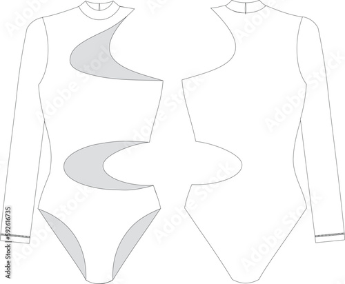 "Woman and girl sustainable swimwear, technical drawing, outline, template, sketch, flat, mock up. Recycled PA, Recycled PES, Lycra fabric swimwear front and back view, white color"	