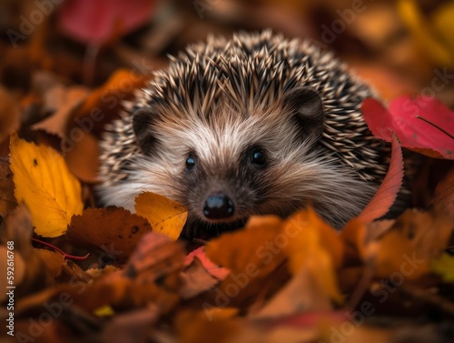 A curious hedgehog peeking out of a pile of autumn leaves