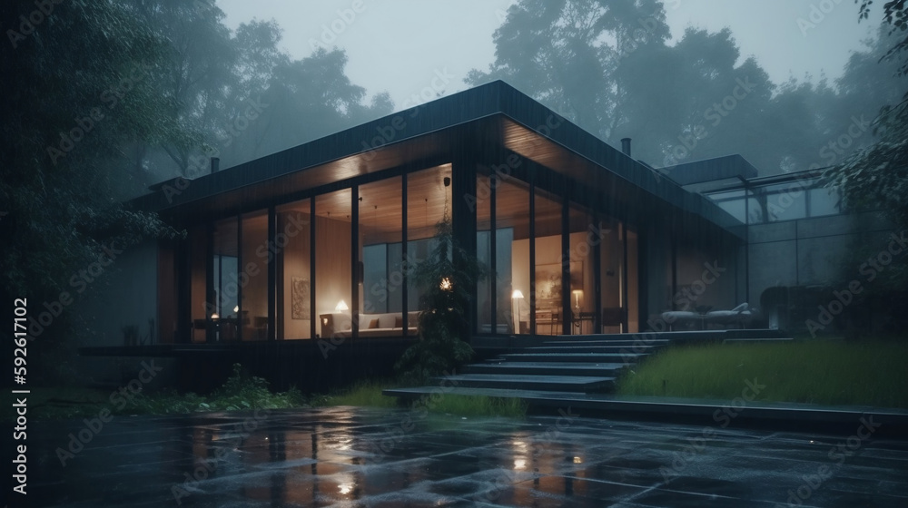 modern home with rain outside. Generative AI. modern home with rain outside. Generative AI.