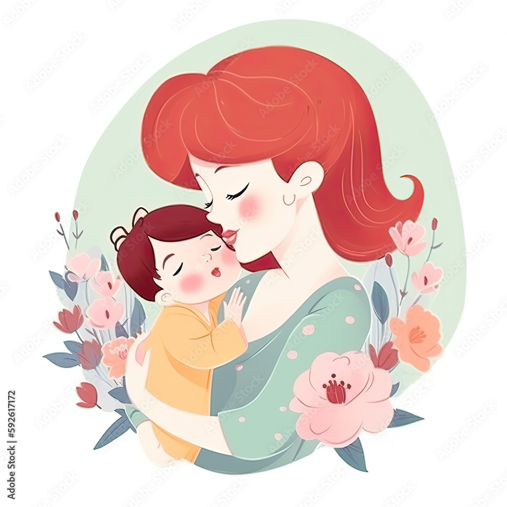 Sweet Illustration of Happy Mother with Child. Greeting for Mother's Day. Generative AI Sweet Illustration of Happy Mother with Child. Greeting for Mother's Day. Generative AI