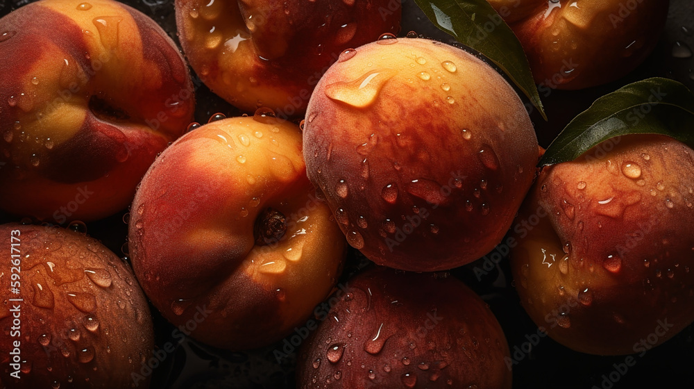 Fototapeta premium peaches, dark background, visible water drops