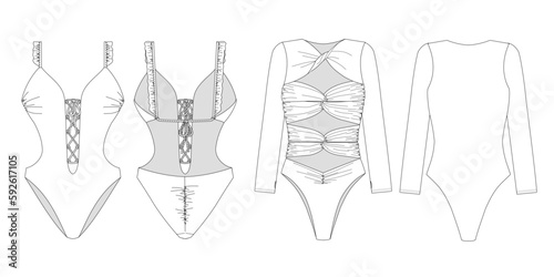 "Woman and girl sustainable swimwear, technical drawing, outline, template, sketch, flat, mock up. Recycled PA, Recycled PES, Lycra fabric swimwear front and back view, white color"	