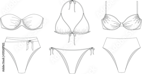 "Woman and girl sustainable swimwear, technical drawing, outline, template, sketch, flat, mock up. Recycled PA, Recycled PES, Lycra fabric swimwear front and back view, white color"	