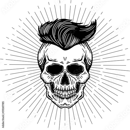 Human scull illustration. Hand drawn SVG skeleton with hair. Vintage logo haired scull.
