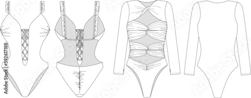 "Woman and girl sustainable swimwear, technical drawing, outline, template, sketch, flat, mock up. Recycled PA, Recycled PES, Lycra fabric swimwear front and back view, white color"	