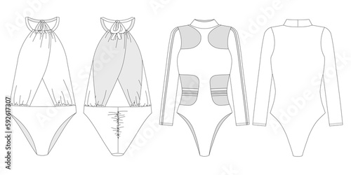 "Woman and girl sustainable swimwear, technical drawing, outline, template, sketch, flat, mock up. Recycled PA, Recycled PES, Lycra fabric swimwear front and back view, white color" 