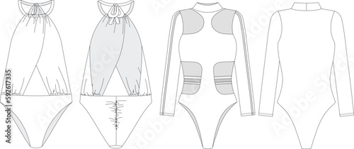 "Woman and girl sustainable swimwear, technical drawing, outline, template, sketch, flat, mock up. Recycled PA, Recycled PES, Lycra fabric swimwear front and back view, white color"	