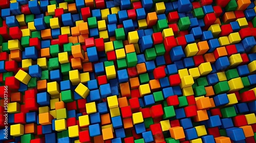 A playful and lively pattern made up of cubes in bright primary colors of varying sizes created with generative AI technology