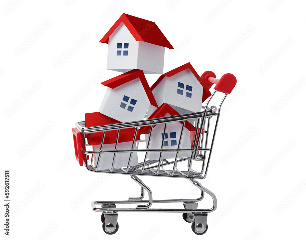 Supermarket cart full of small houses, cut out