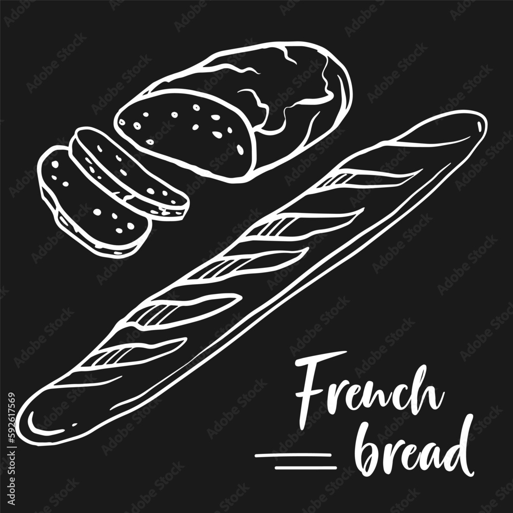 Collection of different kinds of french bread. Doodle hand drawn set of baguette french bread for decoration of bakery products shop and menu. Vector illustration. Collection of different kinds of french bread. Doodle hand drawn set of baguette french bread for decoration of bakery products shop and menu. Vector illustration.