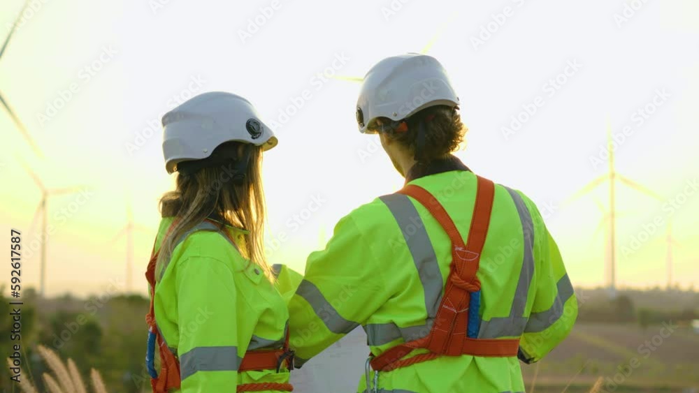 Silhouette of caucasian man and woman engineers in uniform discuss and viewing data on blueprint stand near wind turbines ecological energy industry, Environmentally friendly for the future