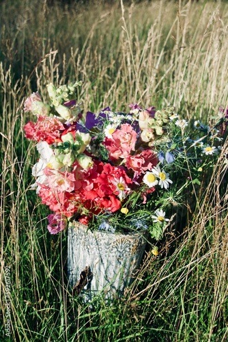 Bouquet of wildflowers in the garden - Summer greeting card - Birthday gratulations - Flower Vase Garden photo
