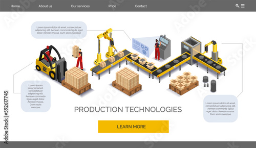 Smart factory process. 3D manufacture conveyor. Isometric people and automation industry. Website landing. Modern production complex. Robotic industrial plant. Vector web banner design