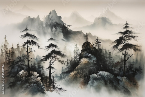 A majestic, wabi sabi illustration of a landscape with misty mountains and faded colors