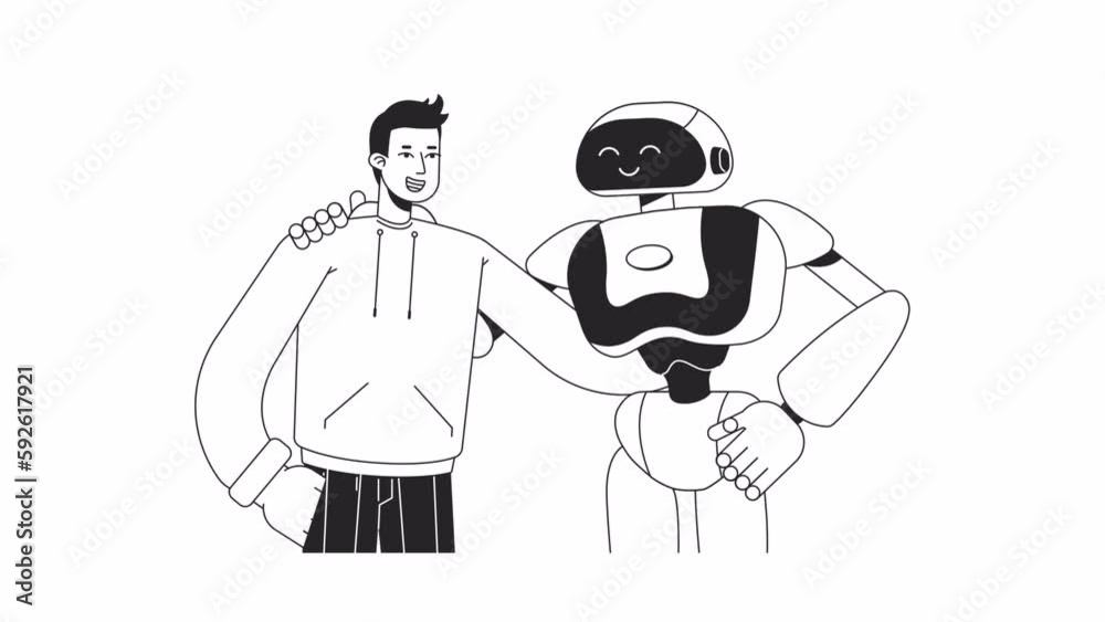 Human embracing robot bw animation. Animated android with guy 2D flat monochromatic thin line characters. AI in daily life 4K video concept footage with alpha channel transparency for web design Human embracing robot bw animation. Animated android with guy 2D flat monochromatic thin line characters. AI in daily life 4K video concept footage with alpha channel transparency for web design