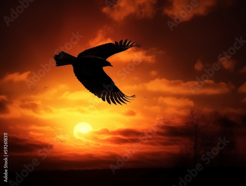 A silhouette of a bird flying against a warm sunset © Suplim