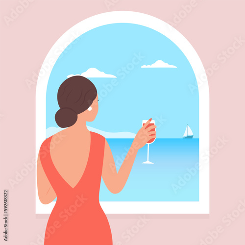 A woman looks at the beautiful sea and sky. A lady with a wine glass enjoys the summer landscape. Seascape through the window.Vector illustration.