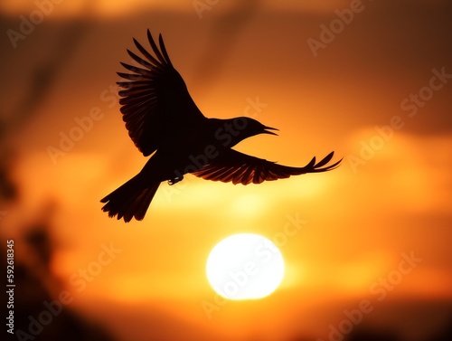 A silhouette of a bird flying against a warm sunset