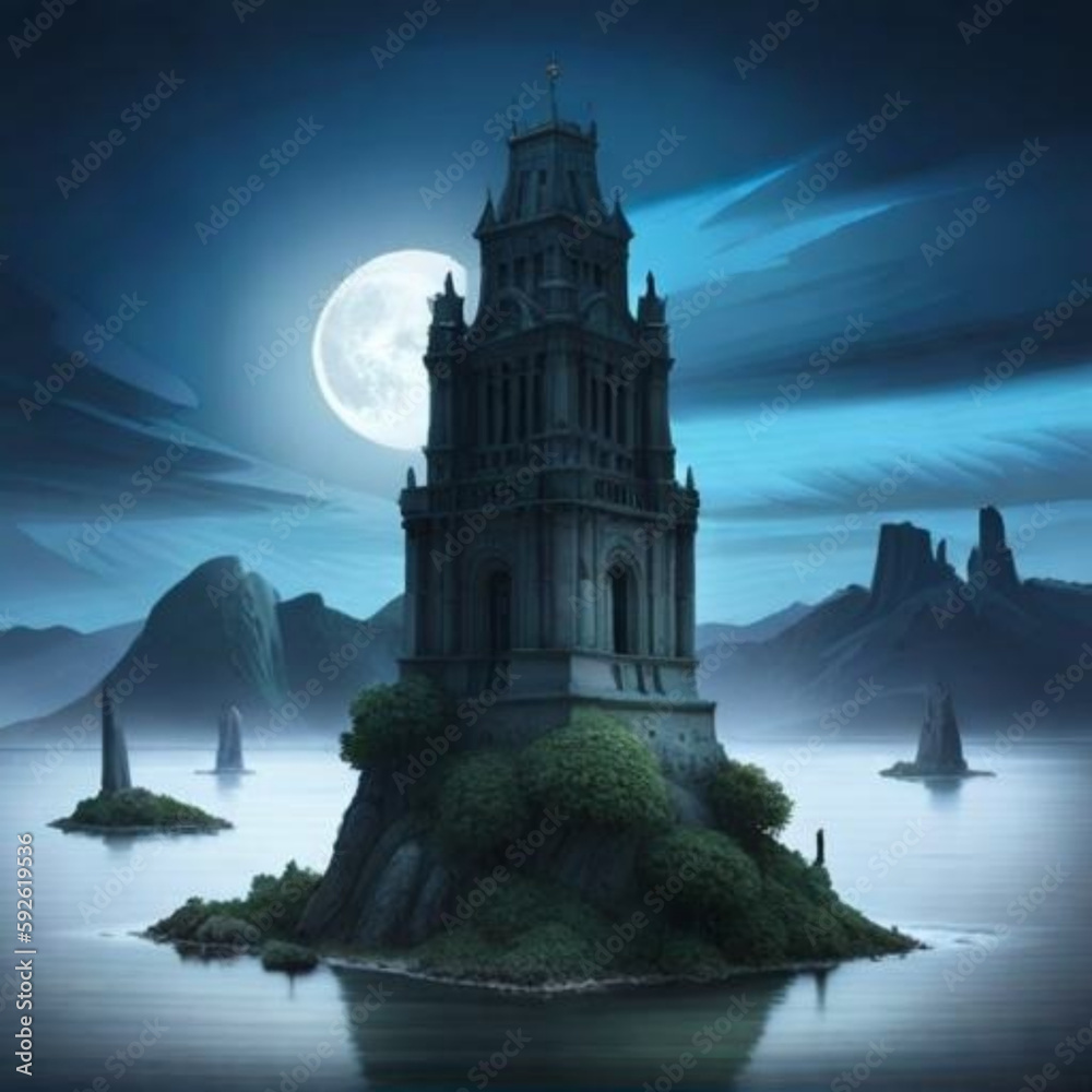 A remote, mist-shrouded island inhabited by colossal, ancient statues that come to life under the light of the full moon, guarding a long-forgotten treasure.
