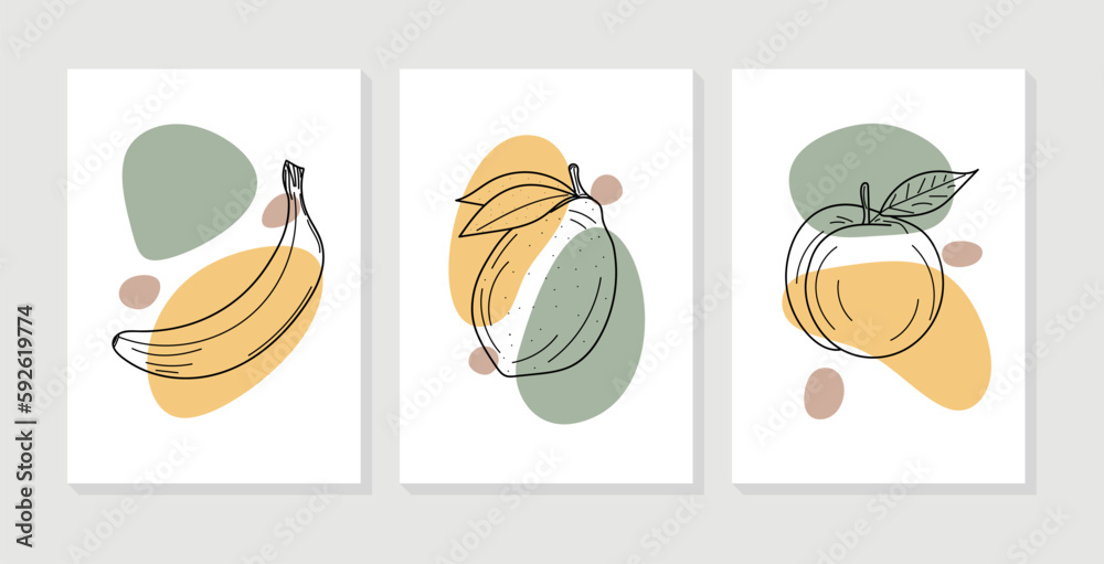 Abstract fruit wall art collection. Set of health fruits with organic shapes for print, wallpaper, interior, poster, cover, banner. Vector illustration