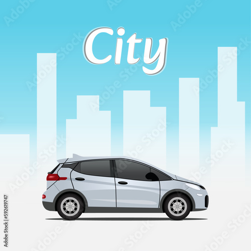3d flat illustration of a realistic cartoonist car in the city. Clean cityscape with vehicle. square shape design.