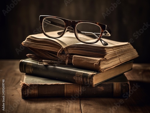 A stack of old books with a pair of reading glasses on top