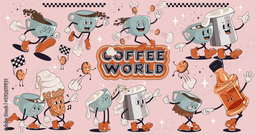 Set of cute groovy characters and elements for poster of sticker design. Retro character, hippie 70s style, coffee mascots, espresso, cappuccino, irish. Vintage vector set