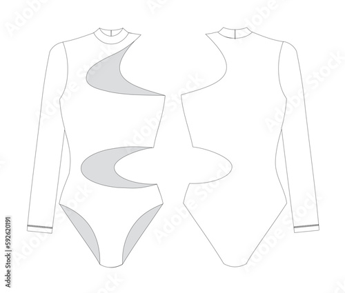  "Woman and girl sustainable swimwear, technical drawing, outline, template, sketch, flat, mock up. Recycled PA, Recycled PES, Lycra fabric swimwear front and back view, white color"