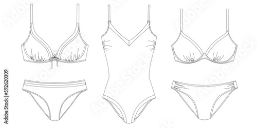  "Woman and girl sustainable swimwear, technical drawing, outline, template, sketch, flat, mock up. Recycled PA, Recycled PES, Lycra fabric swimwear front and back view, white color"