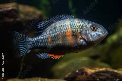 Beautiful Convict Cichlid, tropical fish, Generative AI