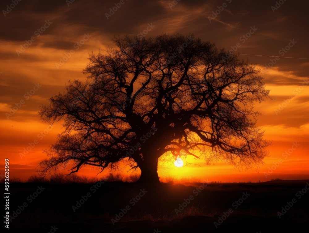 A tree silhouette against a sunset sky A tree silhouette against a sunset sky