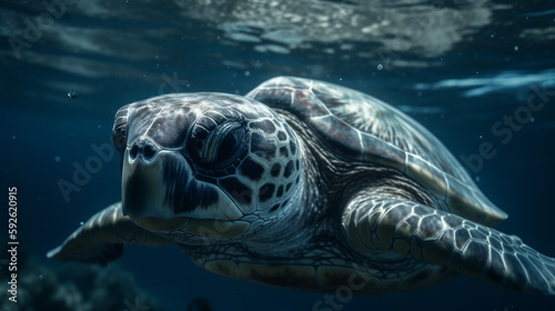 Sea turtle close up over coral reef. AI generated