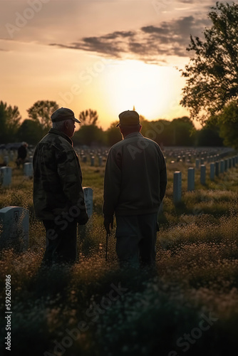 Veterans stands near graves of American heroes  sunlight  Memorial Day  Independence day  US National flag  AI Generative.