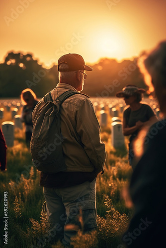 Veterans stands near graves of American heroes, sunlight, Memorial Day, Independence day, US National flag, AI Generative.