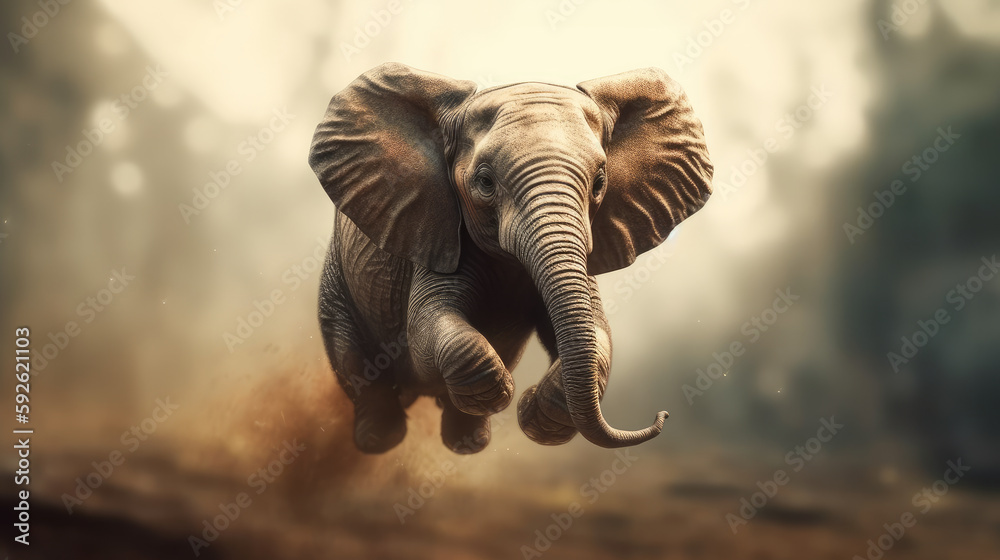 Cute fantastic baby elephant is flying an abstract dream on the background of trees and mountains. Al generated