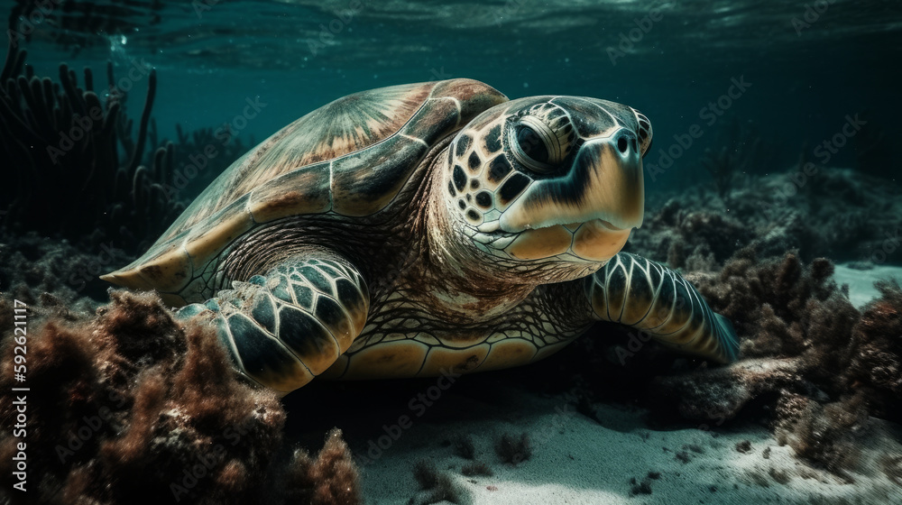 Fototapeta premium Sea turtle close up over coral reef. AI generated