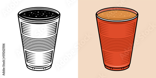 Plastic cup vector illustration in two styles black on white and colorful