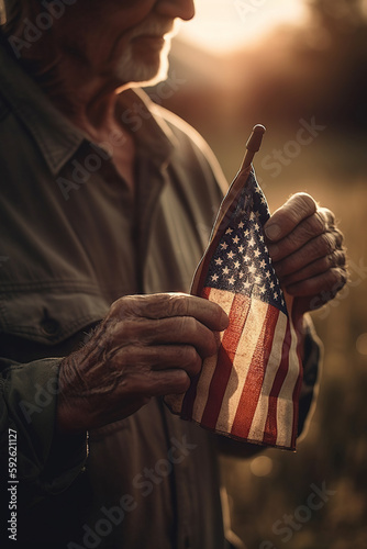 Closeup of veteran old man hand with American national flag sunlight,  heroe, Memorial Day, Independence day, AI Generative. photo