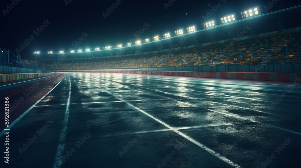 Racing finish line on asphalt with neon lamps illumination. Al generated Racing finish line on asphalt with neon lamps illumination. Al generated