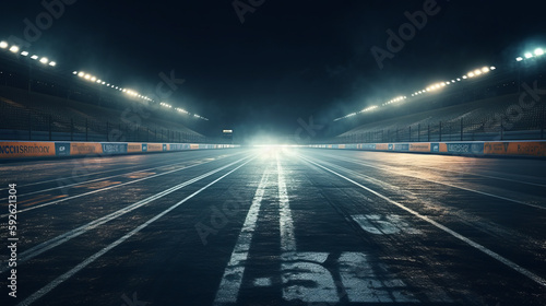 Racing finish line on asphalt with neon lamps illumination. Al generated