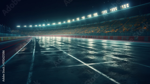 Racing finish line on asphalt with neon lamps illumination. Al generated © ArtStage