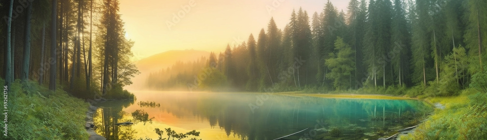 Sunrise from a lake in the middle of a forest 2｜Generative AI