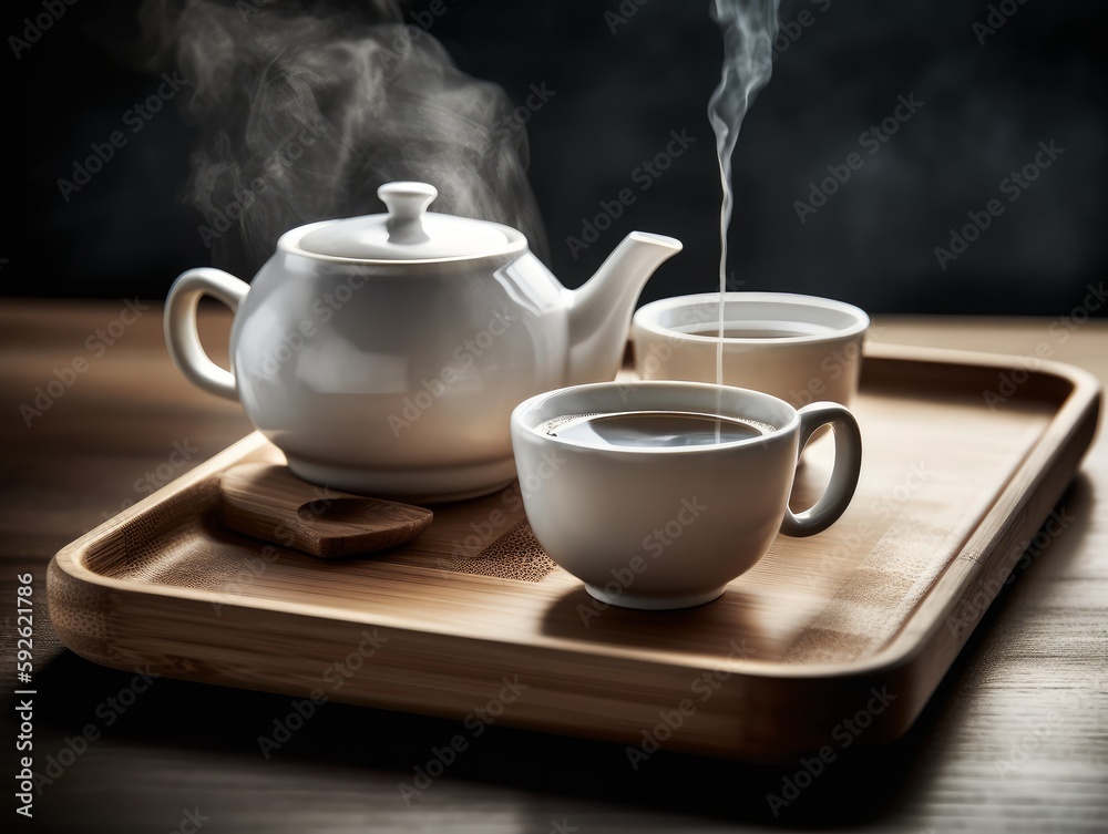 A white porcelain teapot and teacup on a wooden tray with steam rising